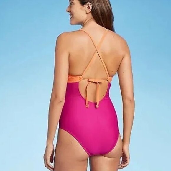 Kona Sol Cutout Colorblock One-Piece Swimsuit, Hot Pink and Orange, Size L - Picture 4 of 6